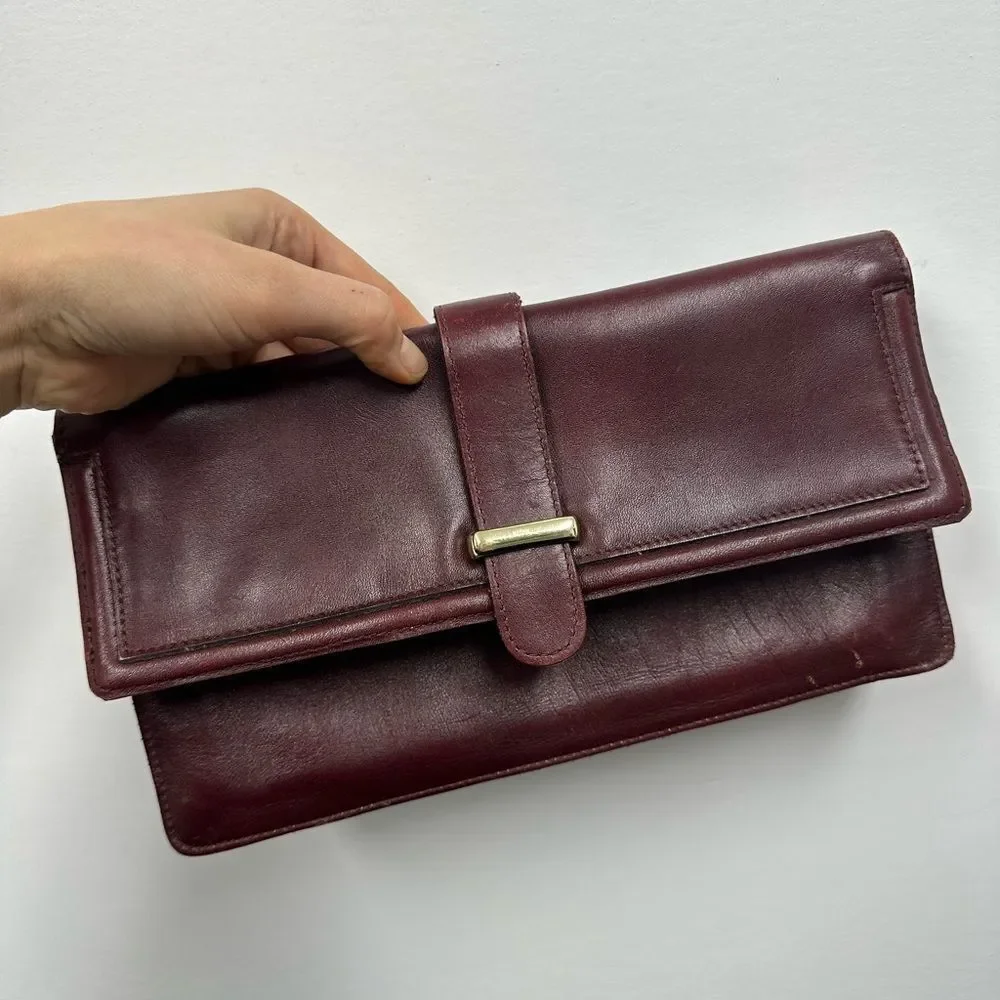 Vintage 70’s Burgundy Brown Leather Clutch Wallet Purse Rectangle Snap Closure